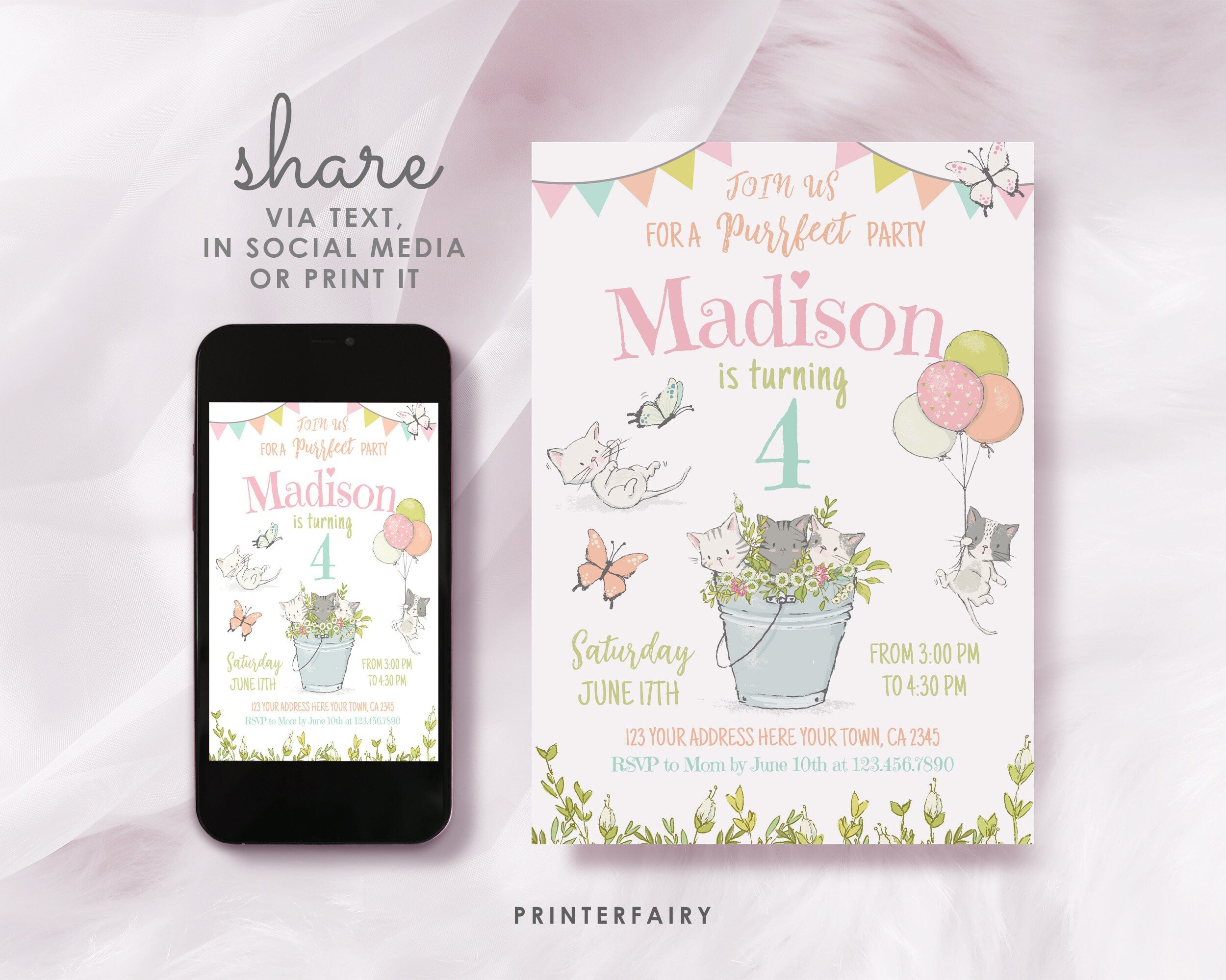 Kitty Cat Garden Birthday Invitation, Editable Printable