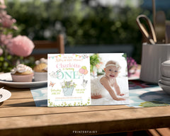 Kitty Cat First Birthday Invitation with Photo, Kitten Garden Party (Printable)