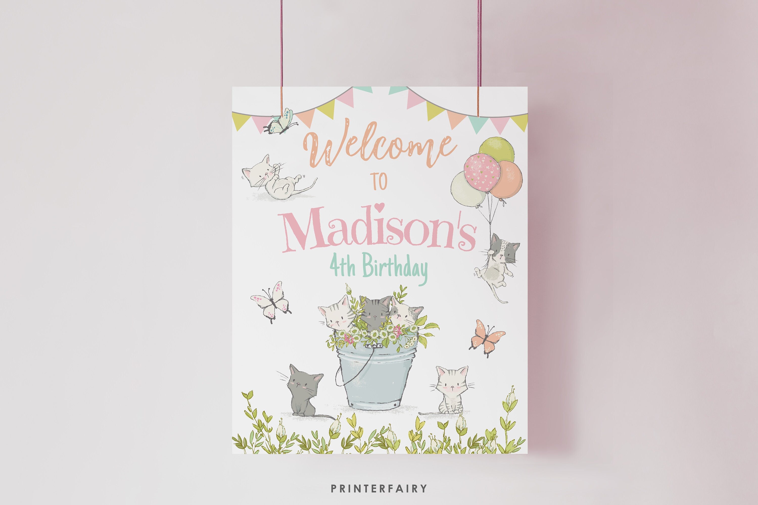Kitten Garden Birthday Welcome Sign, Editable Cat Party Decor (Printable)