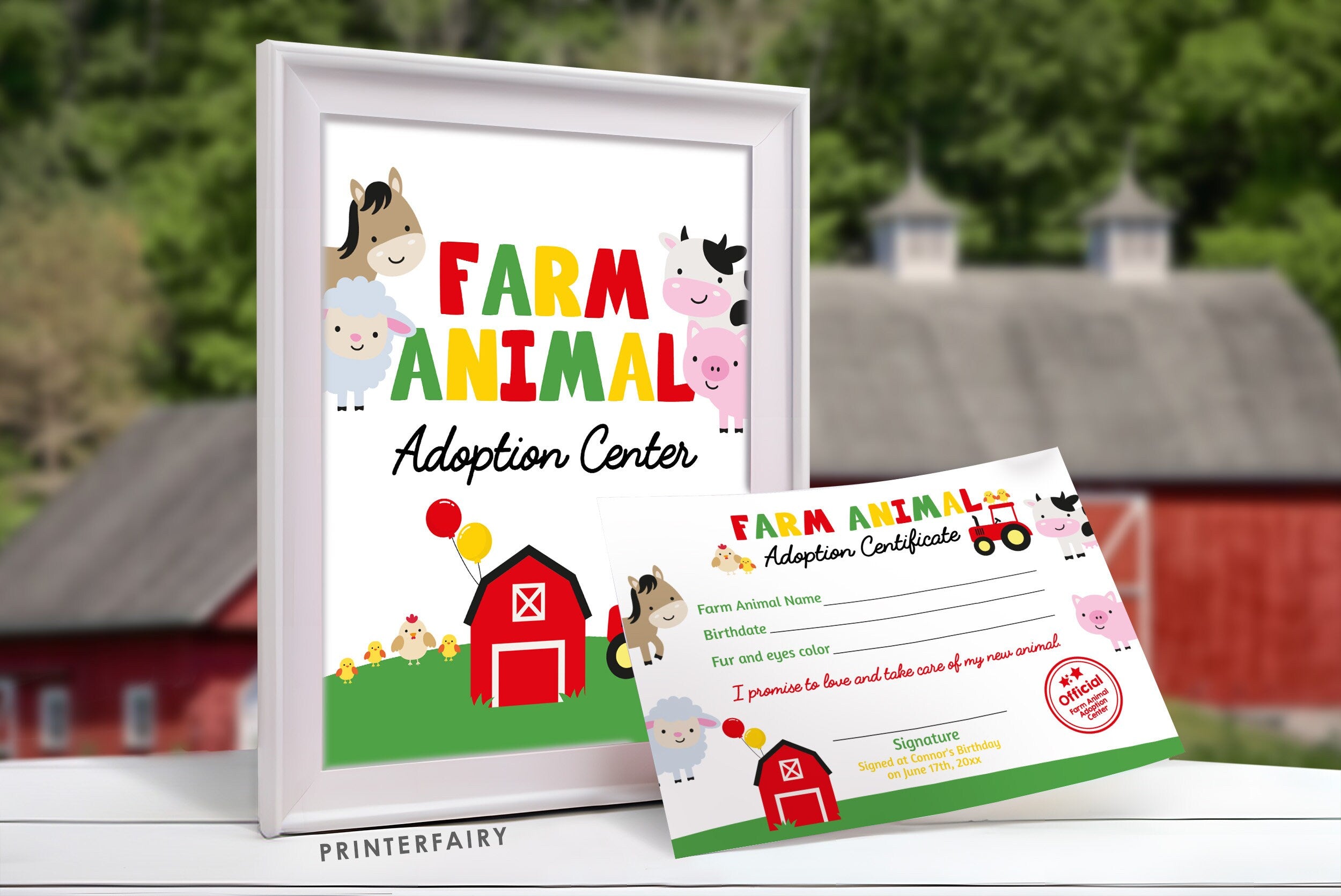 Farm Animal Adoption Party Set, Sign & Certificate (Digital Download)