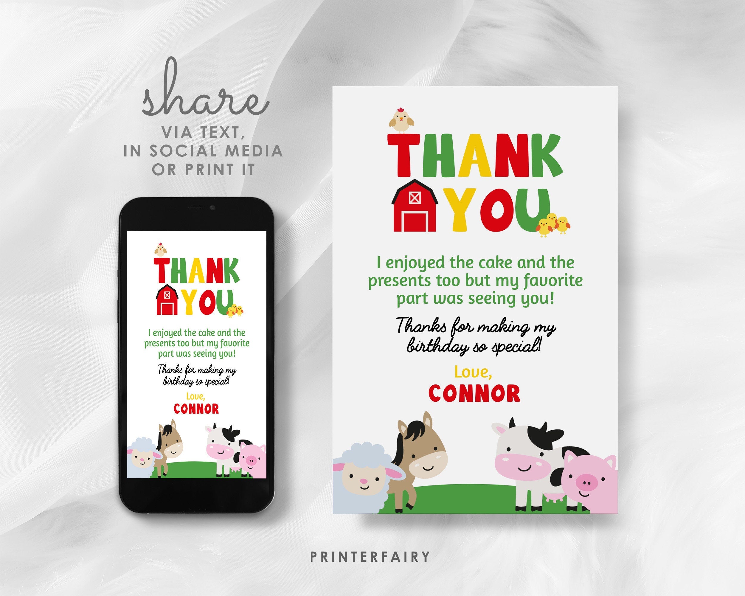 Farm Birthday Thank You Card, Animals, Barnyard Party (Instant Download)