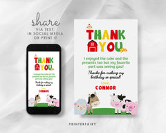 Farm Birthday Thank You Card, Animals, Barnyard Party (Instant Download)