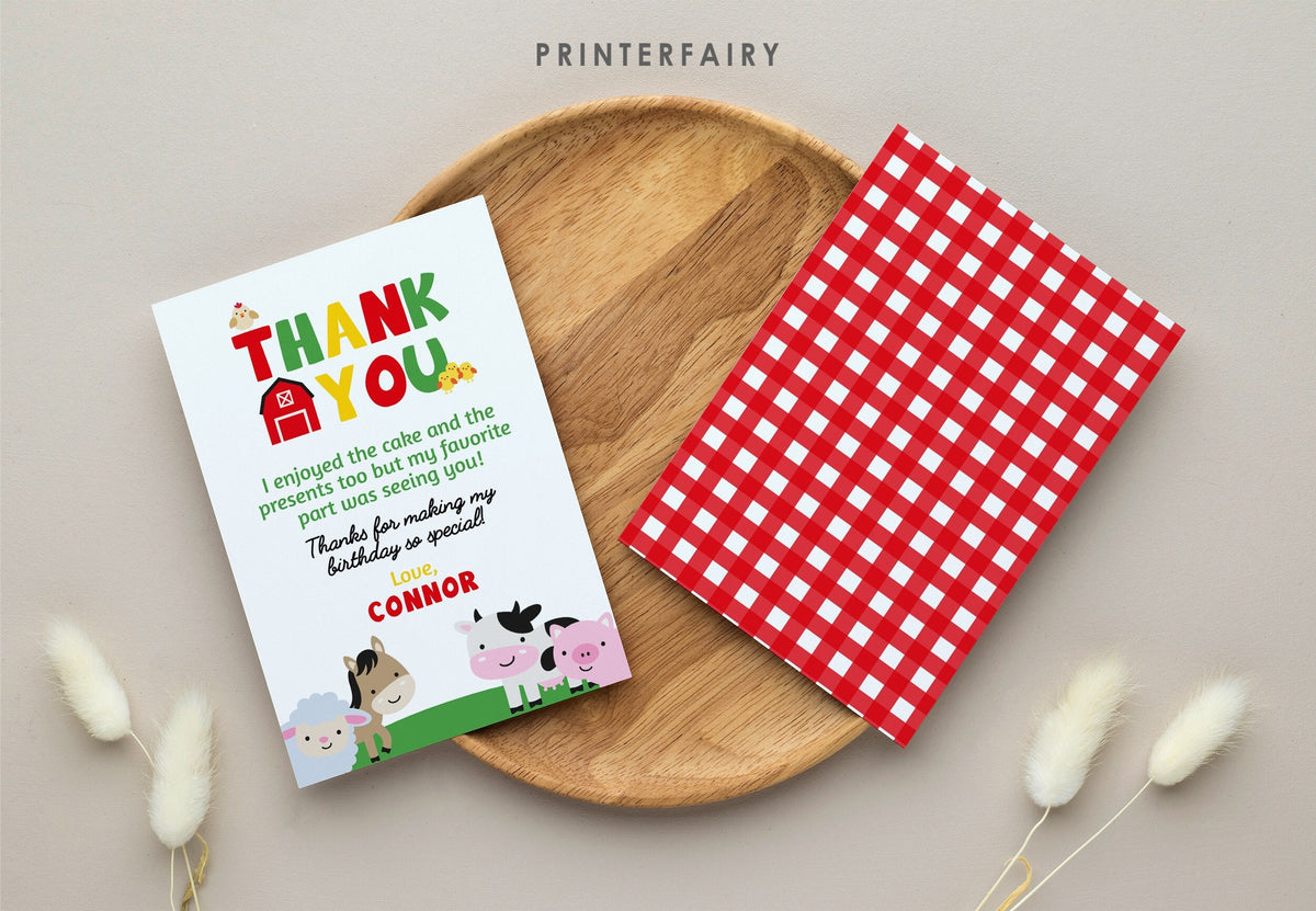 Farm Birthday Thank You Card, Animals, Barnyard Party (Instant Download)
