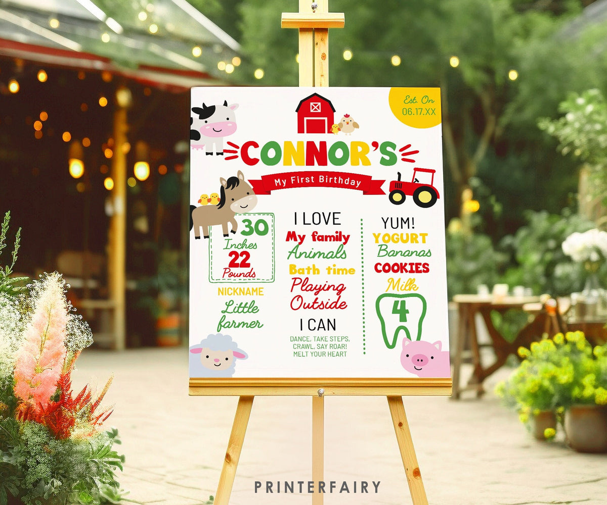 Farm First Birthday Milestone Board, Barnyard Animals Sign (Editable Digital)