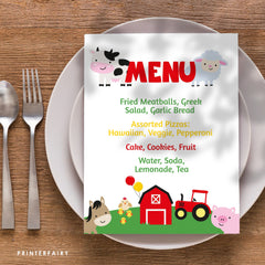 Farm Birthday Menu, Editable Barnyard Food Sign (Digital Download)
