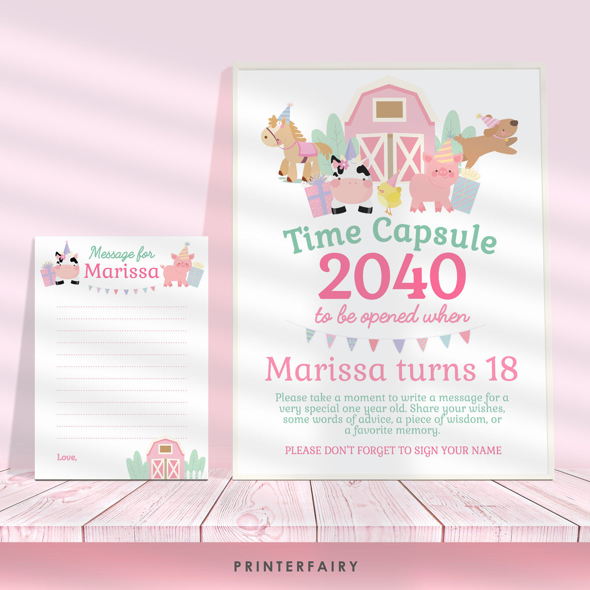 Farm Birthday Time Capsule Sign, Pink Barnyard Animals (Instant Download)