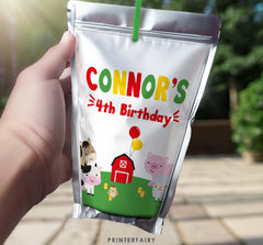 Farm Birthday Drink Pouch Label, Editable Barnyard Animals Party Template (Digital Download)