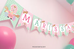 Farm Birthday Banner, Pink Barnyard Animals, Editable Flags (Digital Download)
