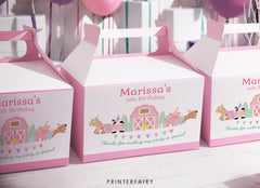 Farm Birthday Party Favor Box Label, Pink Barnyard Animals (Editable Template Download)