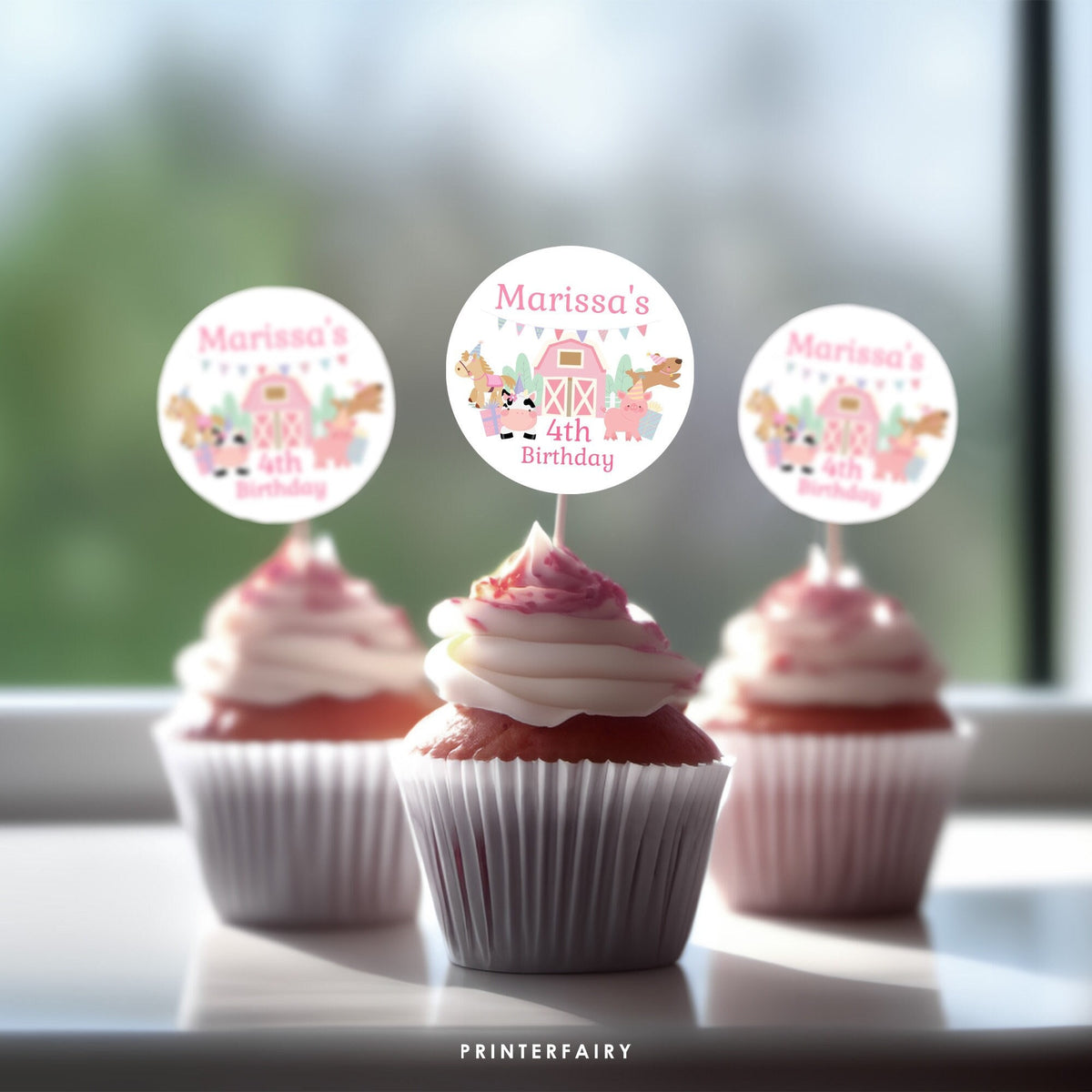 Farm Birthday Party Cupcake Toppers, Girl Barnyard Animals (Digital Download)