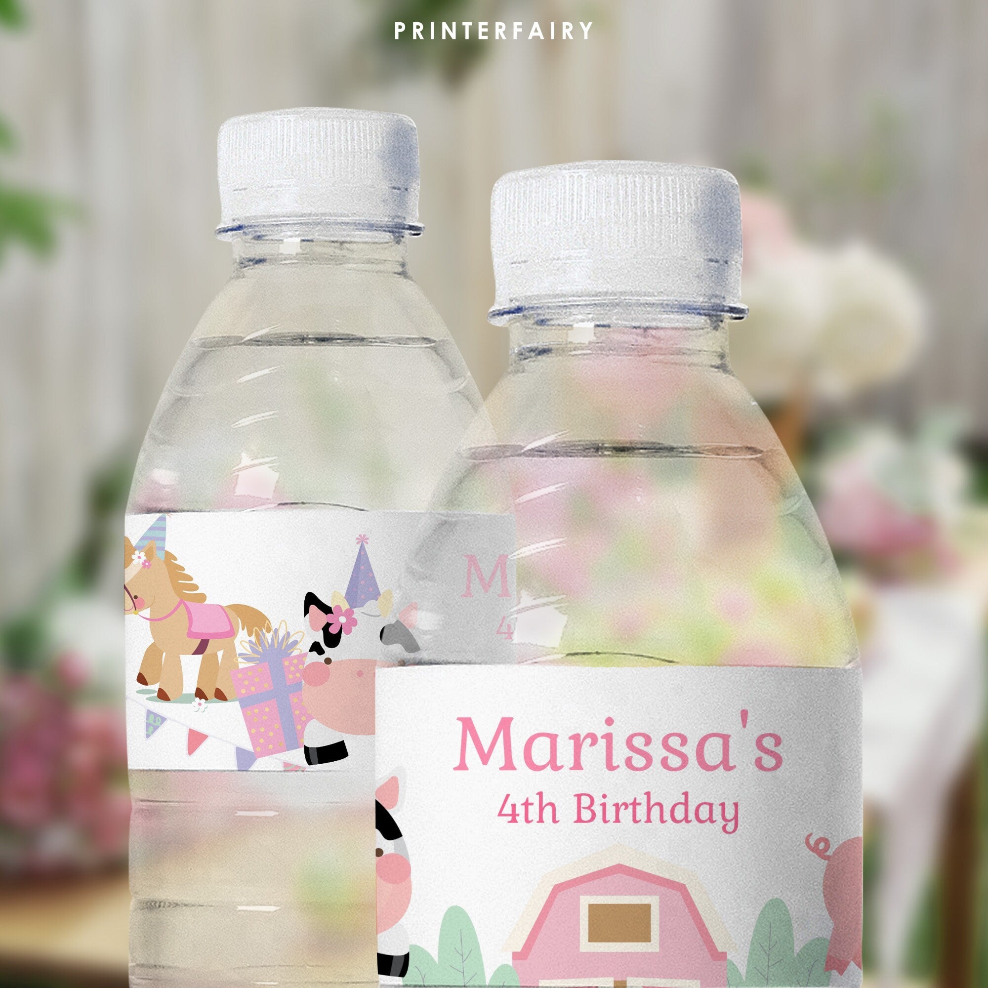 Farm Birthday Water Bottle Label, Girl Barnyard Animals (Digital Download)