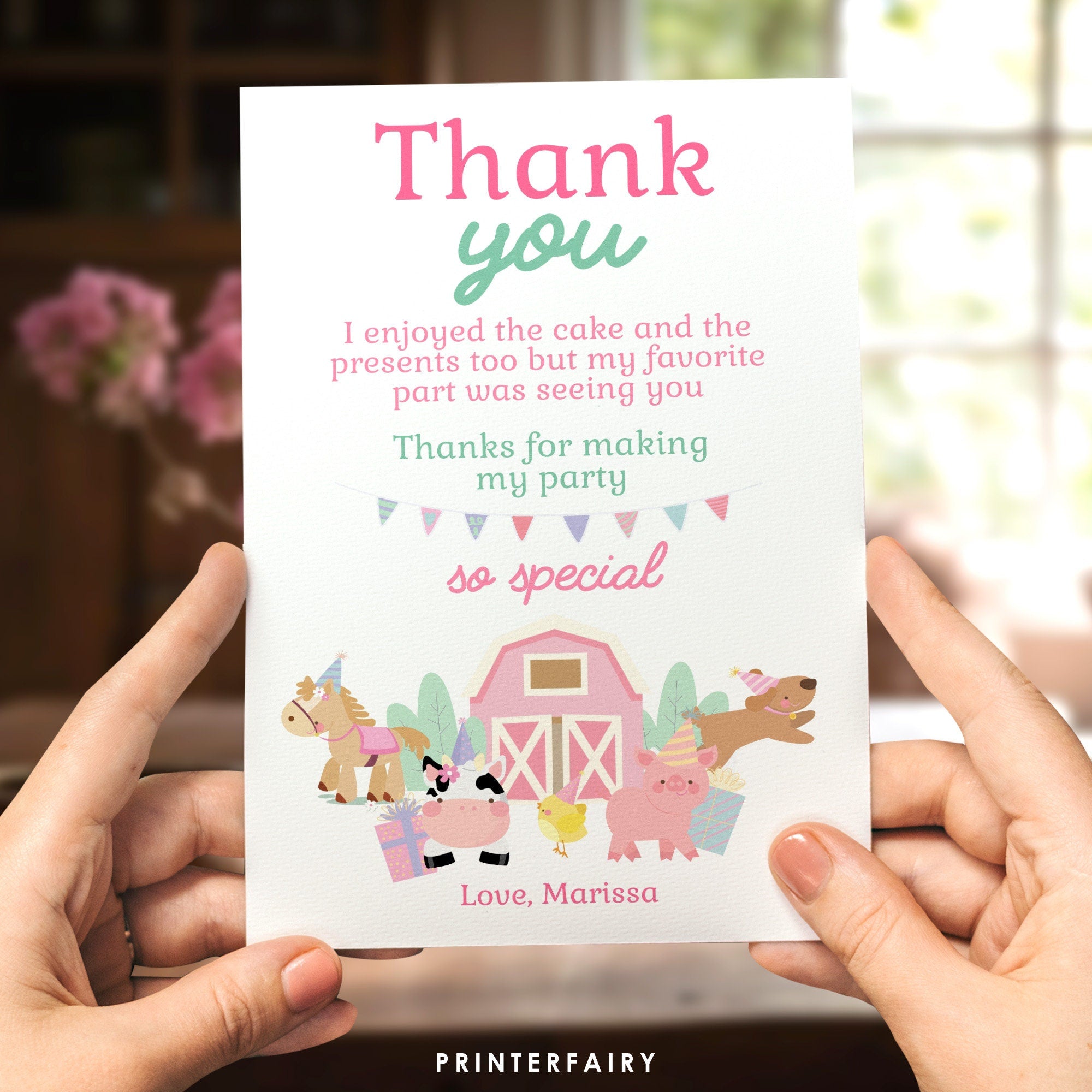 Farm Birthday Thank You Card, Pink Barn, Animals (Instant Download)