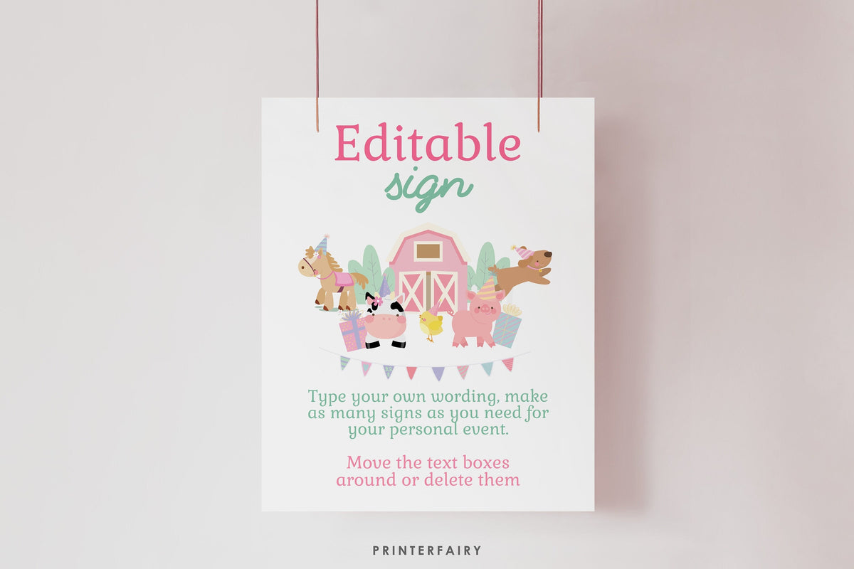 Farm Birthday Sign, Cute Animals, Pink Barnyard Party (Editable Digital Download)