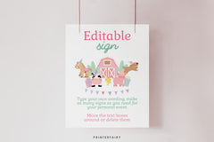 Farm Birthday Sign, Cute Animals, Pink Barnyard Party (Editable Digital Download)
