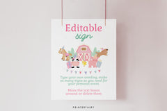 Farm Birthday Sign, Cute Animals, Pink Barnyard Party (Editable Digital Download)