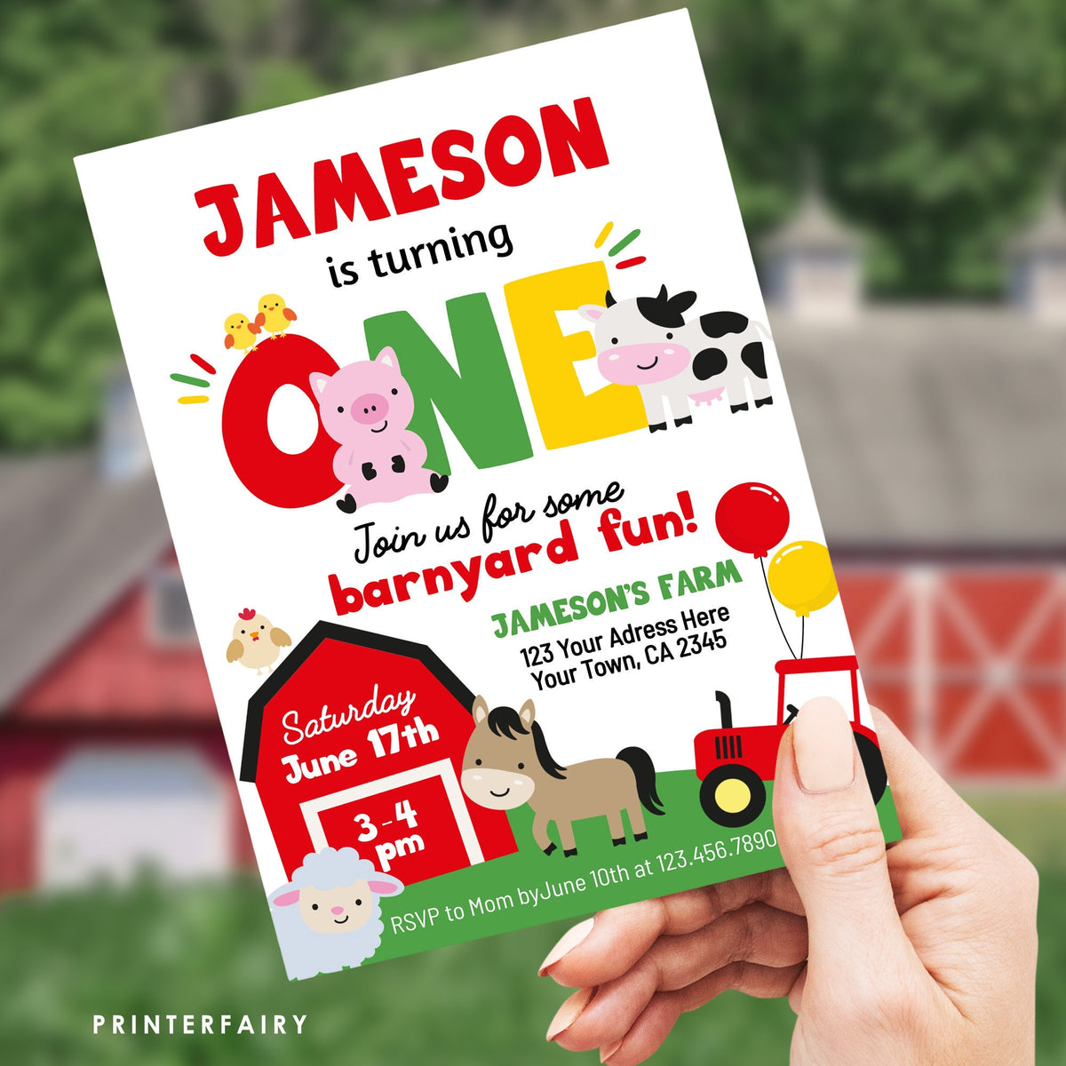 Farm Animals 1st Birthday Invitation Template (Digital Download)
