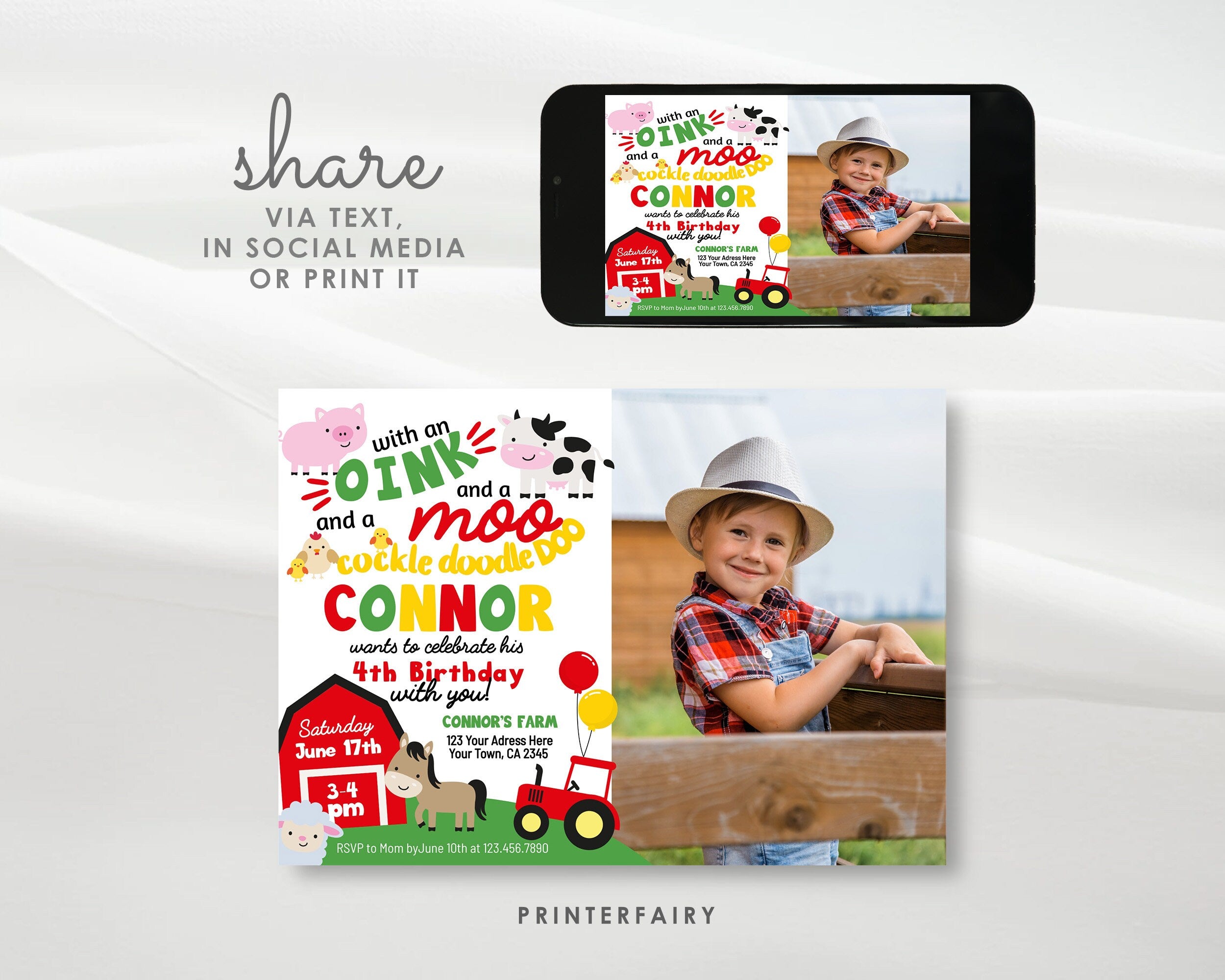 Farm Animals Birthday Invitation with Photo, Editable Template (Digital Download)