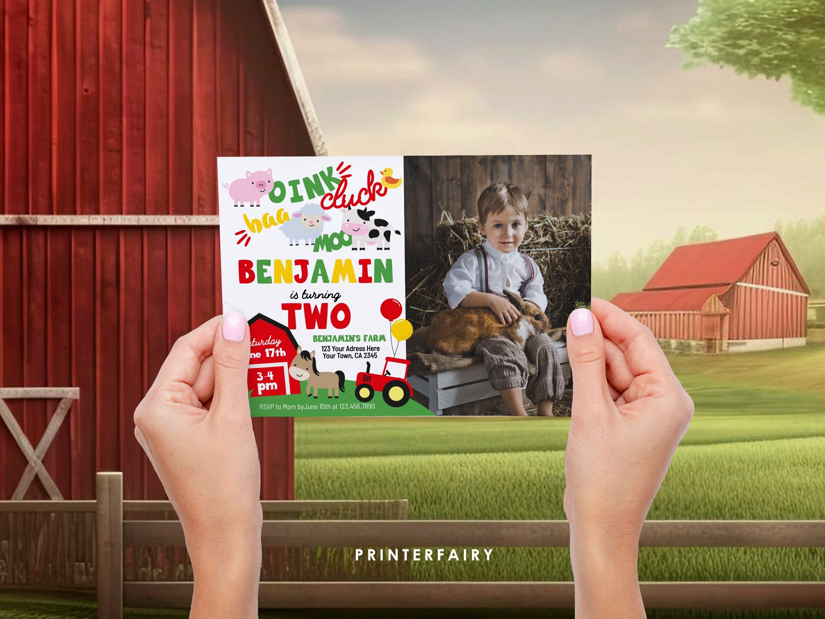 Farm Animals Second Birthday Invitation with Photo (Editable, Instant Download)