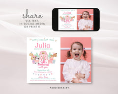 Farm Birthday Invitation with Photo, Pink Barnyard Animals (Editable, Instant Download)
