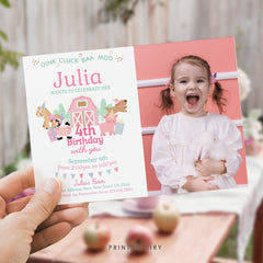 Farm Birthday Invitation with Photo, Pink Barnyard Animals (Editable, Instant Download)