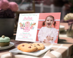 Farm Birthday Invitation with Photo, Pink Barnyard Animals (Editable, Instant Download)