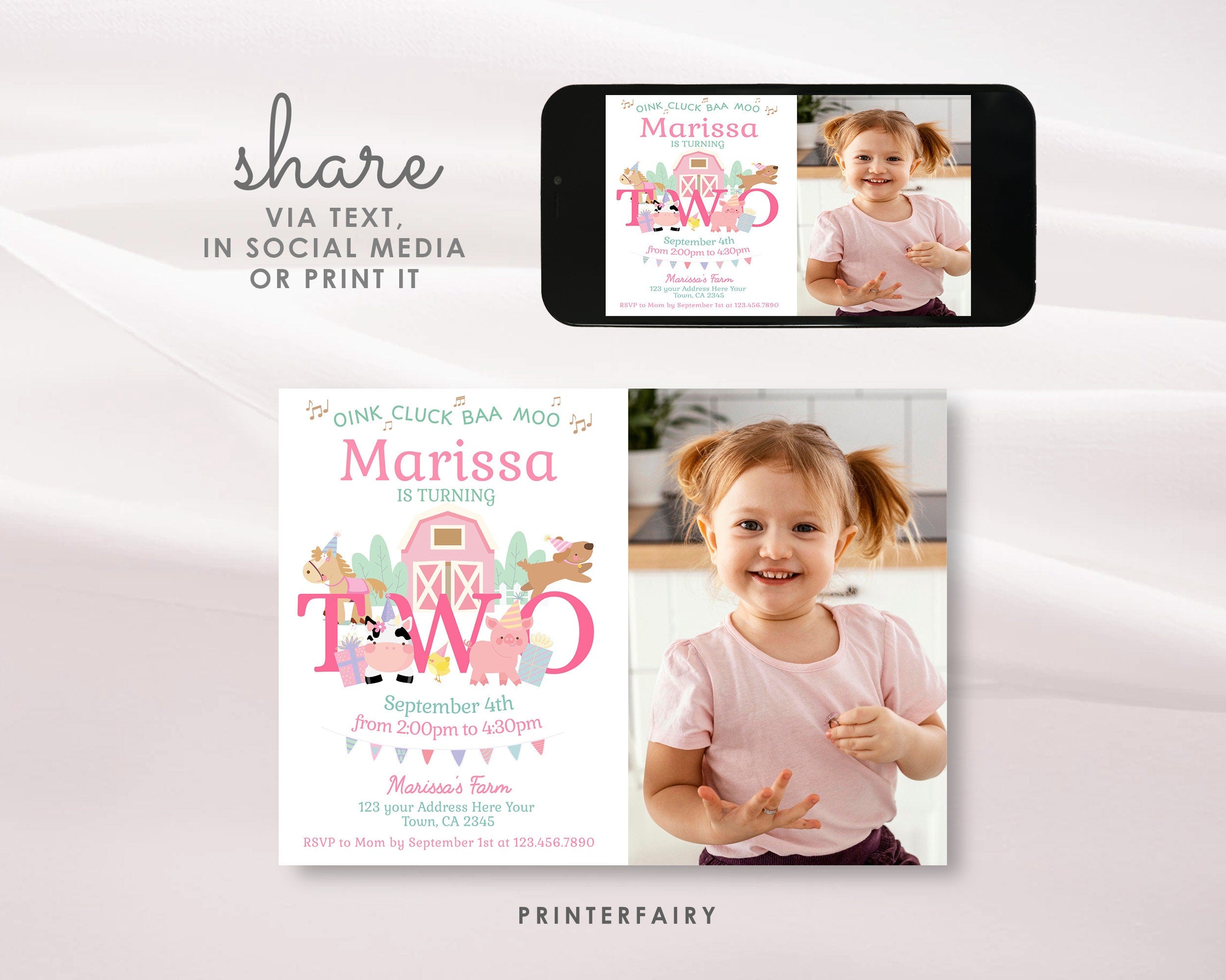 Farm 2nd Birthday Invitation with Photo, Pink Barnyard (Digital Download)