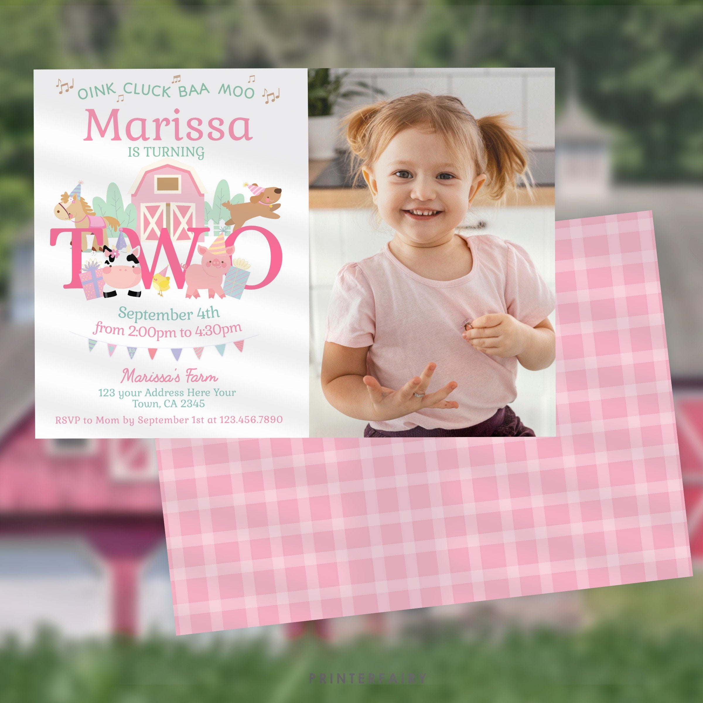 Farm 2nd Birthday Invitation with Photo, Pink Barnyard (Digital Download)