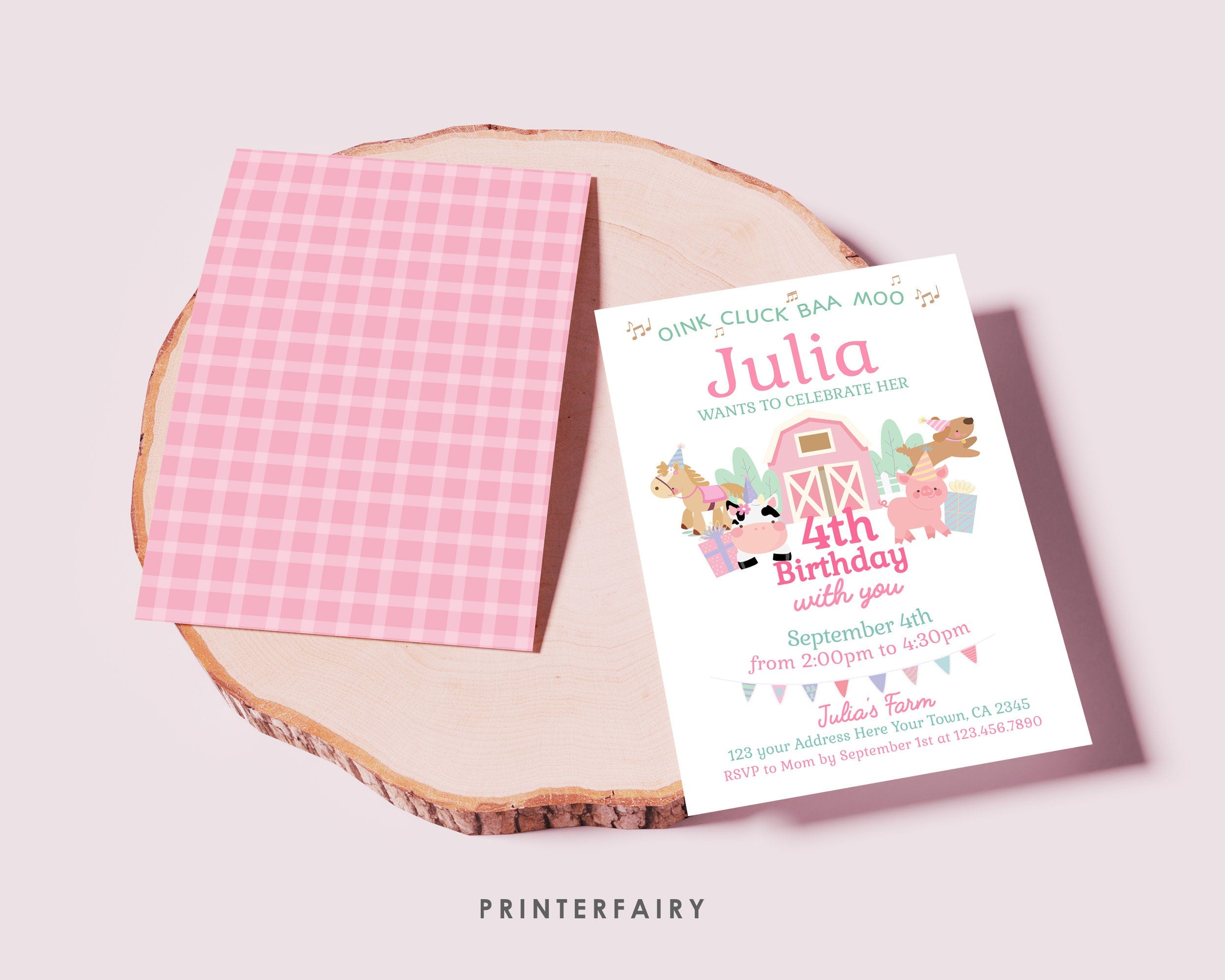 Farm Animals Birthday Invitation, Pink Barnyard Party (Editable Template, Digital Download)