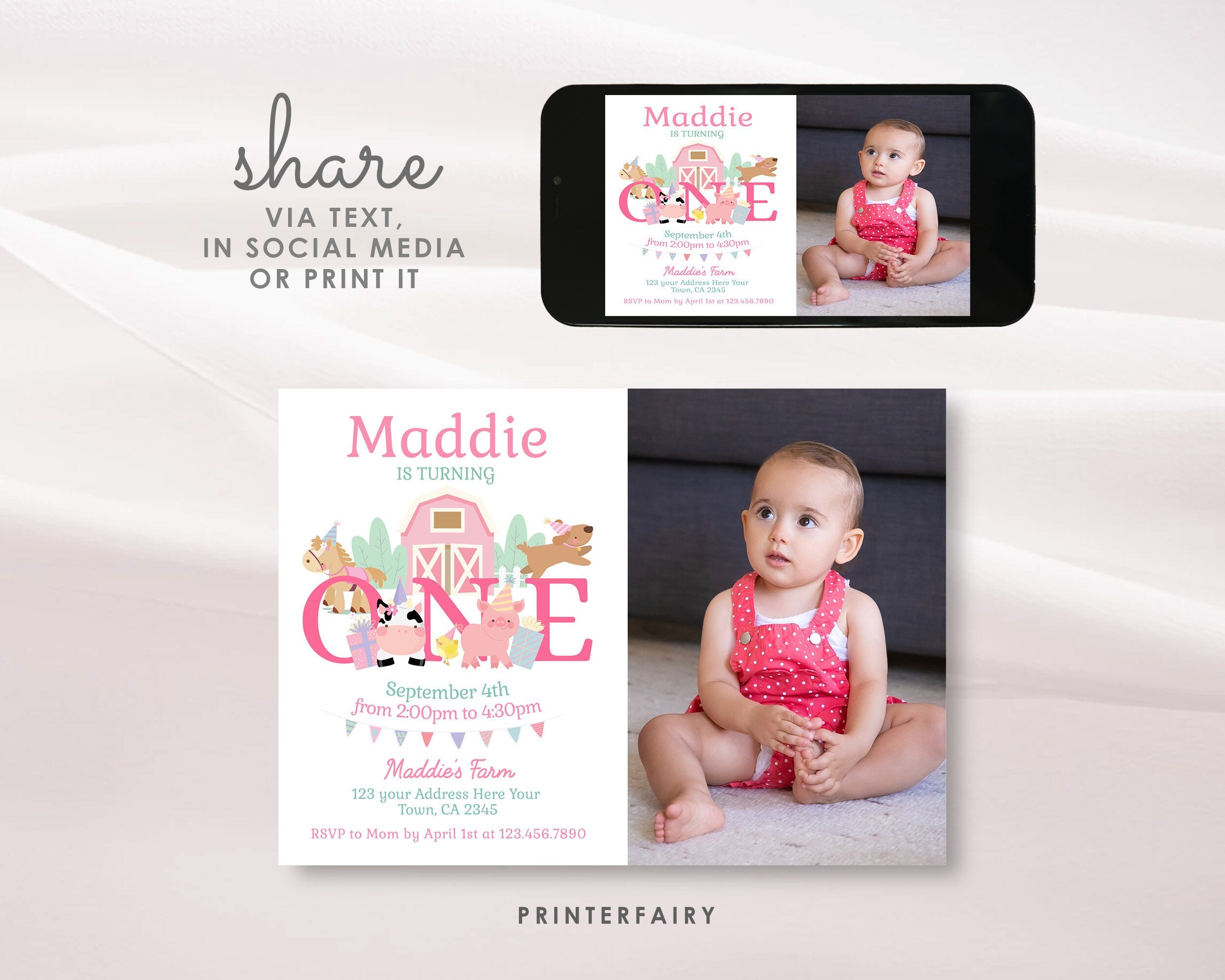 Farm 1st Birthday Invitation with Photo, Pink Barnyard Animals (Editable Download)