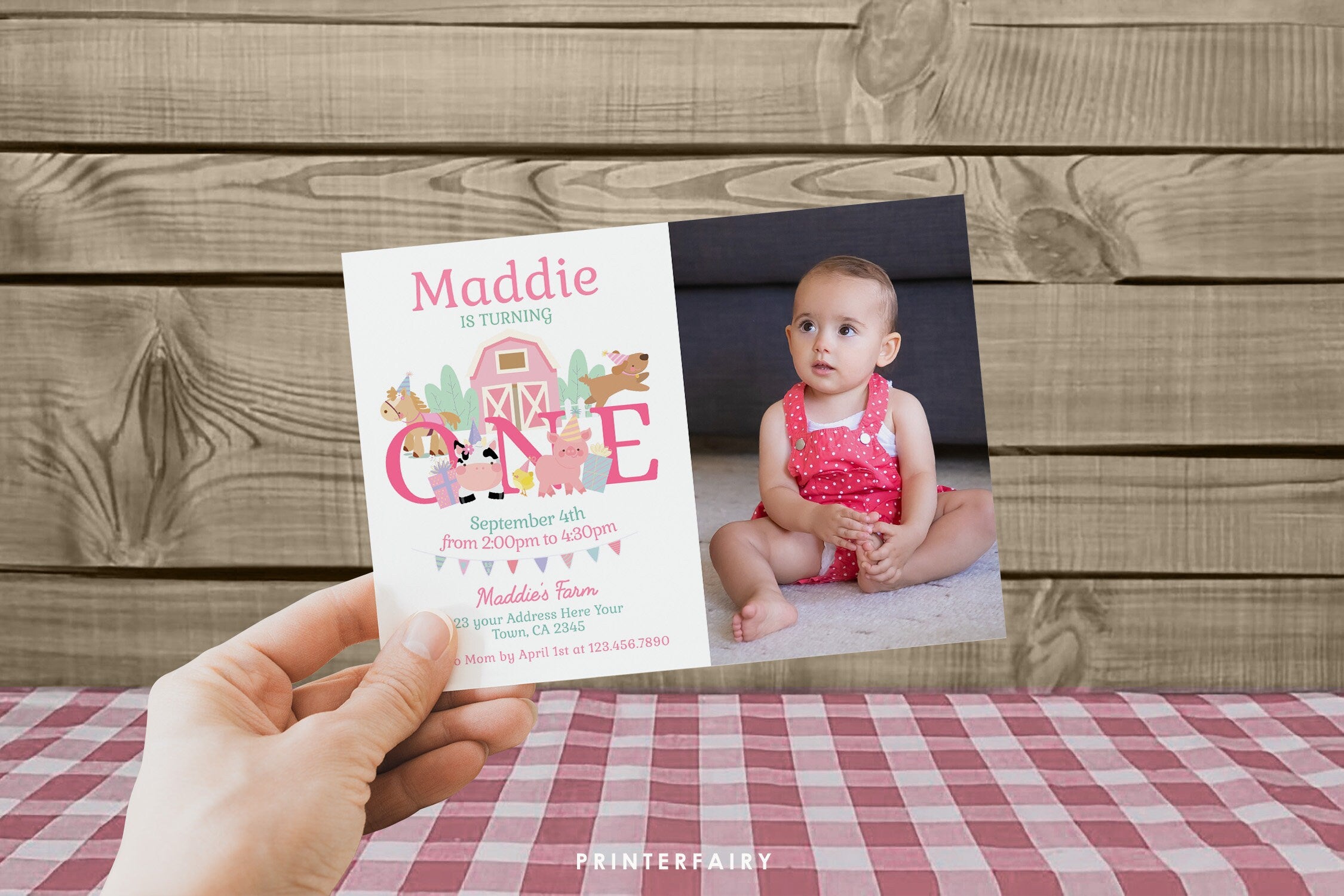 Farm 1st Birthday Invitation with Photo, Pink Barnyard Animals (Editable Download)