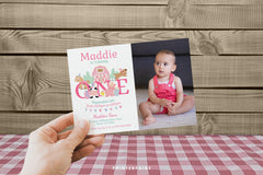 Farm 1st Birthday Invitation with Photo, Pink Barnyard Animals (Editable Download)