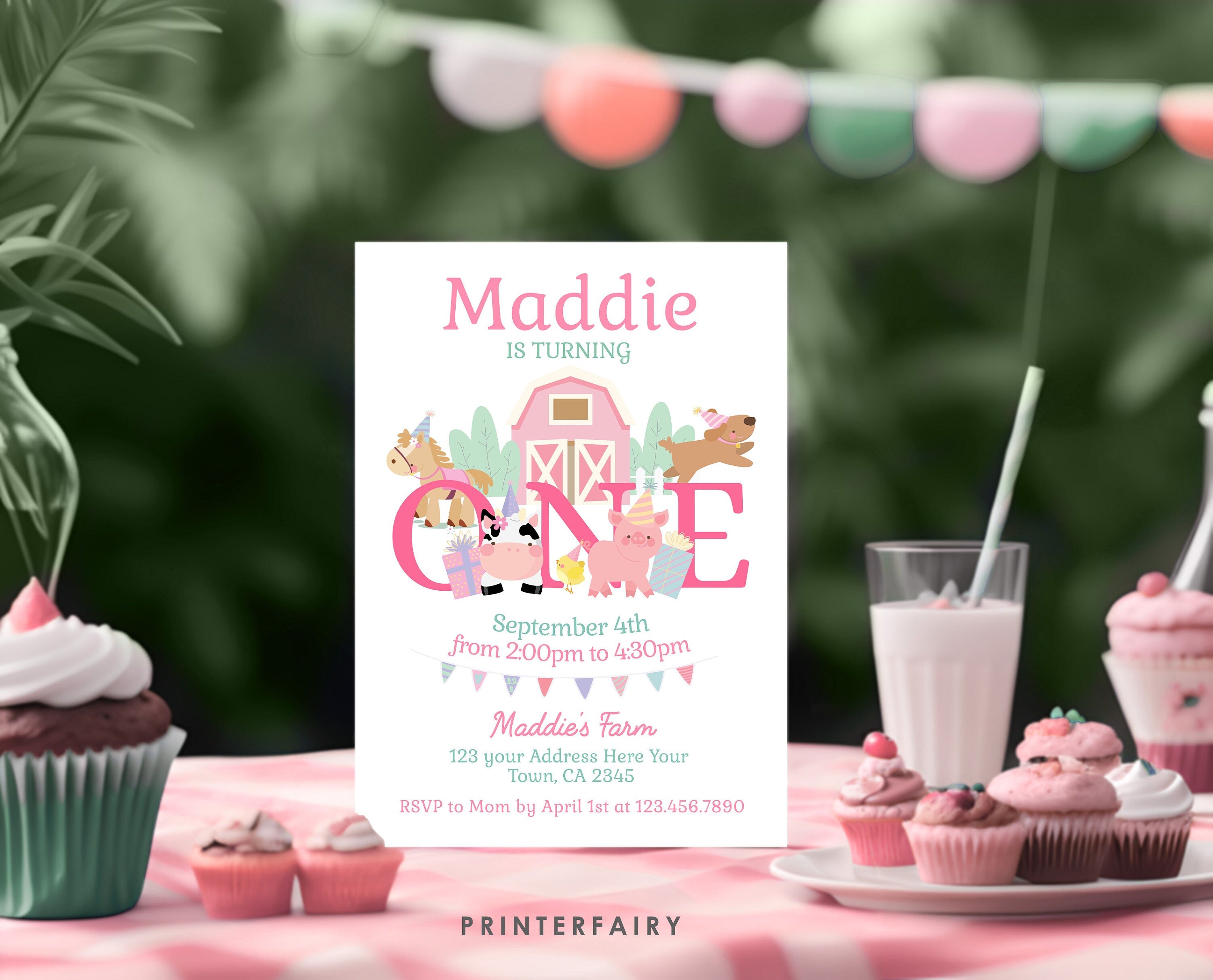 Farm Animals First Birthday Invitation, Pink Barnyard (Editable, Digital Download)