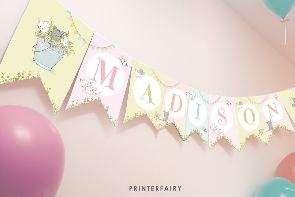 Editable Kitty Cat Birthday Banner, Kitten Garden Party (Digital Download)