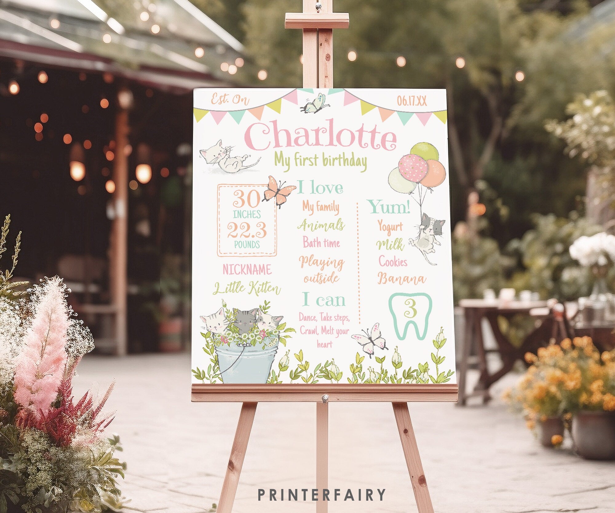 Kitten Garden First Birthday Board, Editable Milestones Sign (Digital Download)