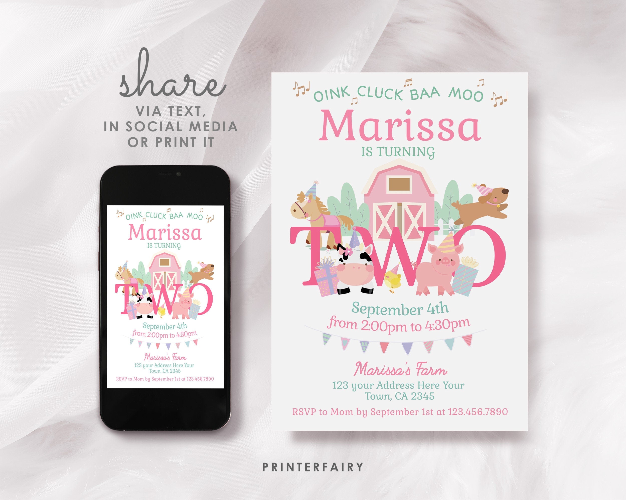 Farm Animals Second Birthday Invitation, Pink Barnyard, Editable Template (Digital Download)