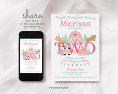 Farm Animals Second Birthday Invitation, Pink Barnyard, Editable Template (Digital Download)