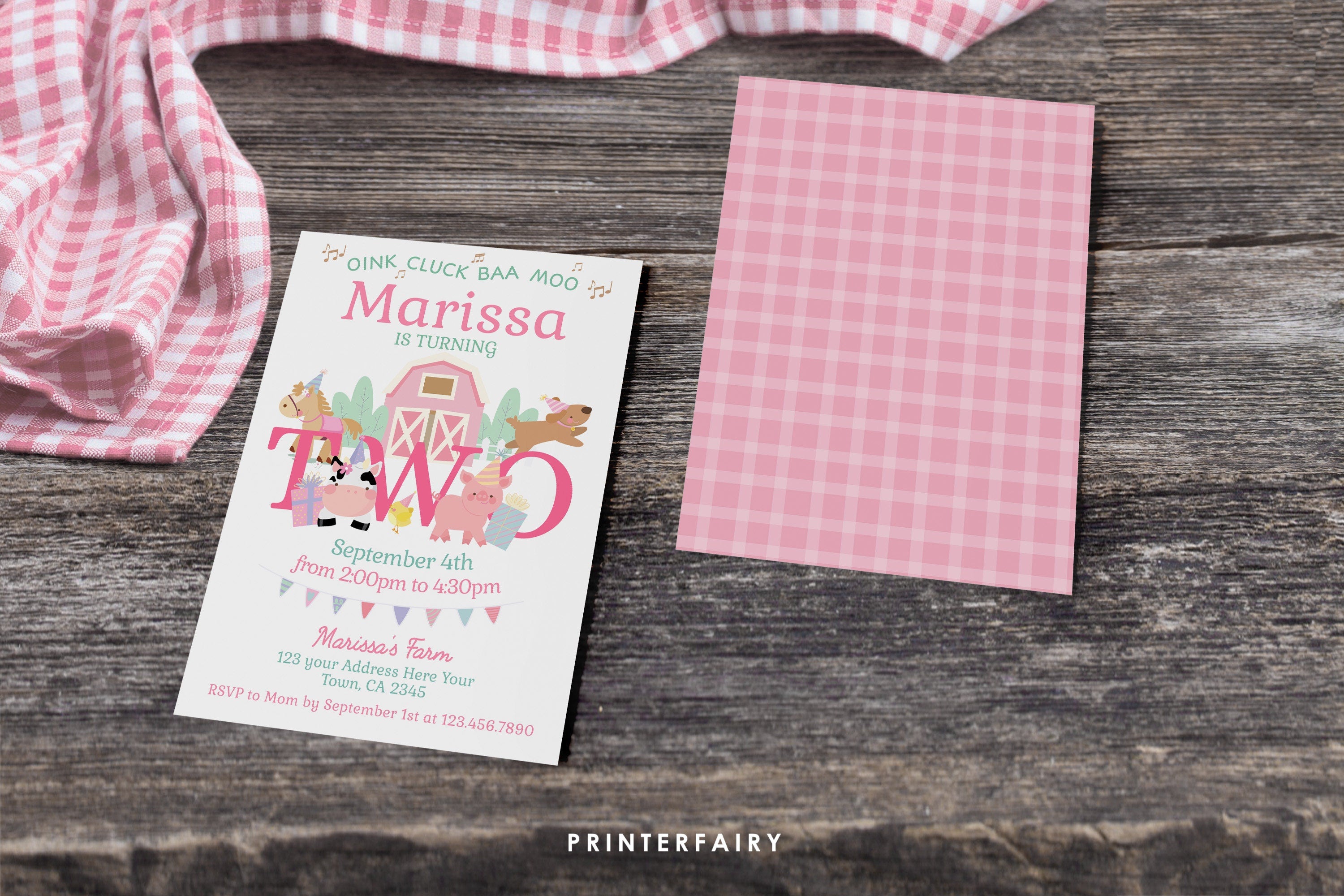 Farm Animals Second Birthday Invitation, Pink Barnyard, Editable Template (Digital Download)