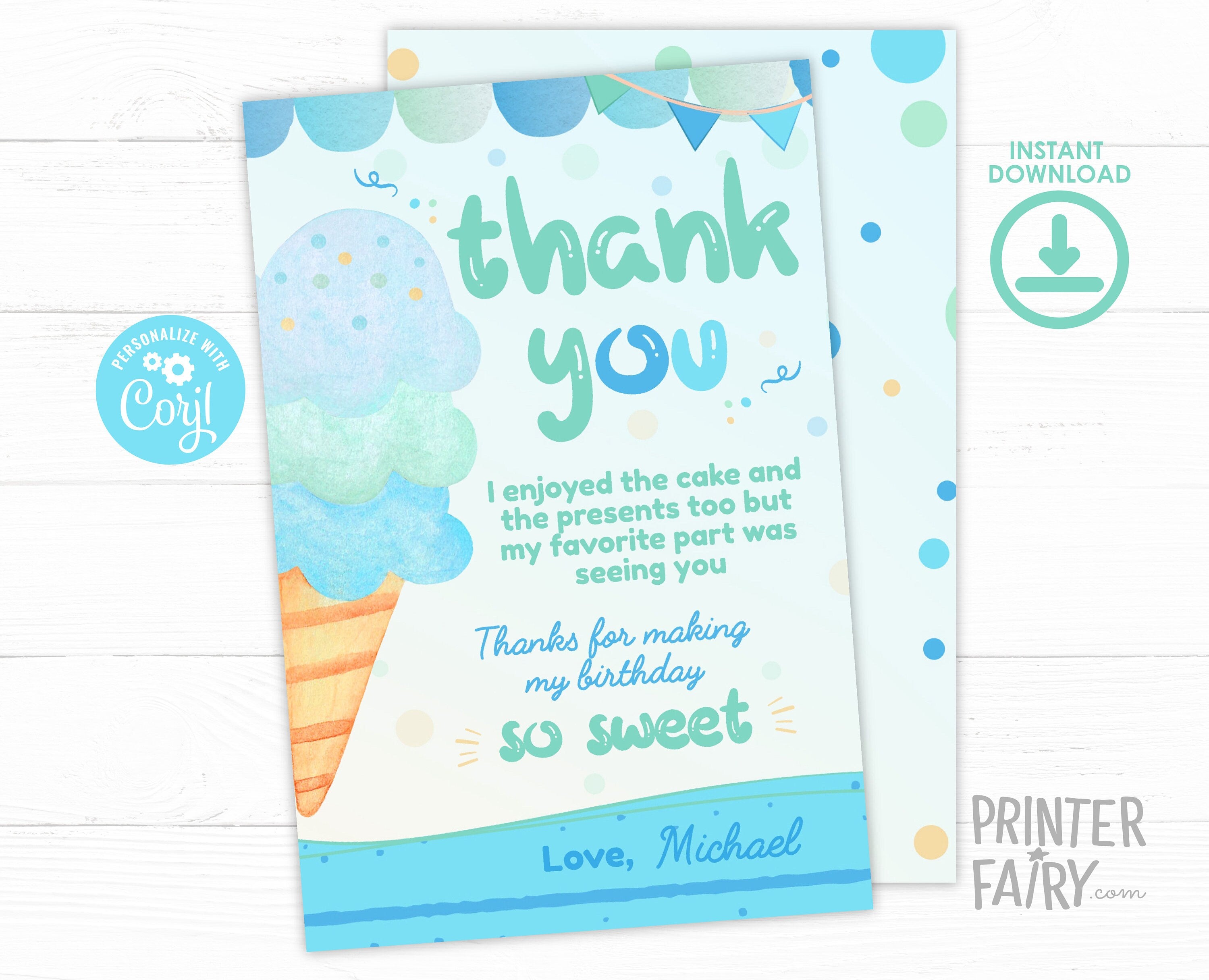 Ice Cream Birthday Thank You Card, EDITABLE (Digital Download)