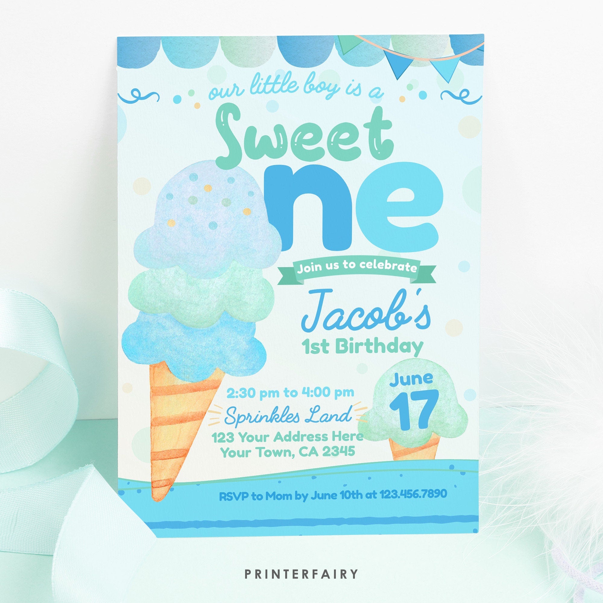 Ice Cream First Birthday Invitation, Editable Summer Party (Digital)