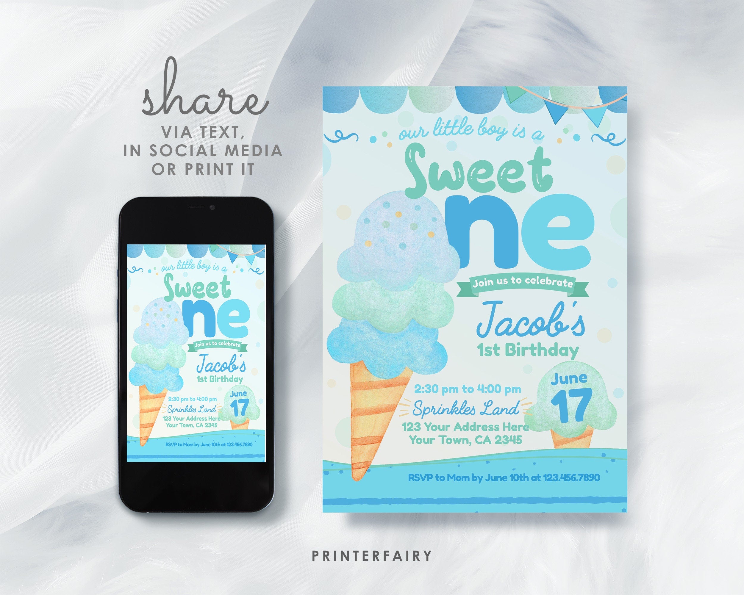 Ice Cream First Birthday Invitation, Editable Summer Party (Digital)