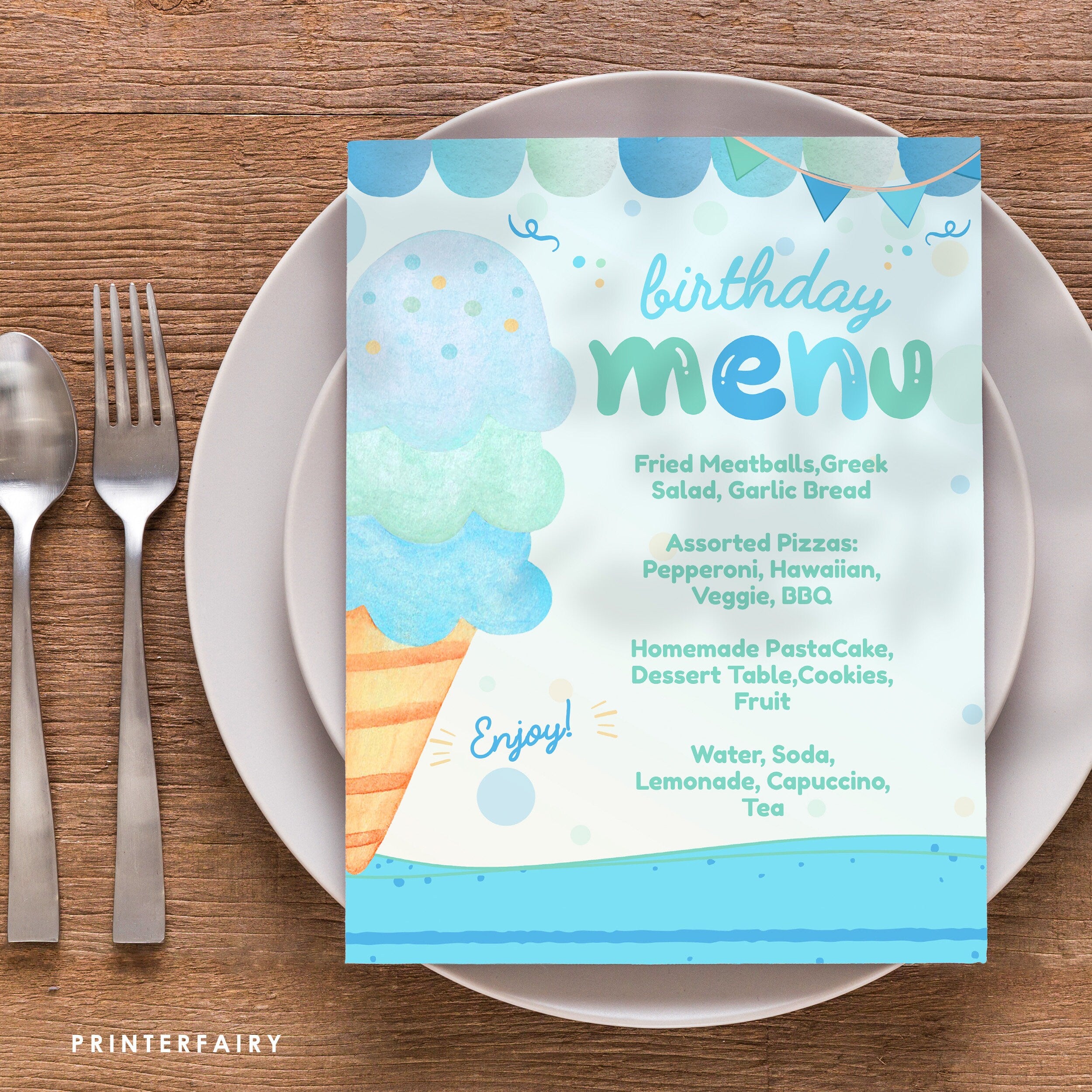 Editable Ice Cream Birthday Menu Template, Pool Party Sign (Digital Download)