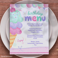 Ice Cream Birthday Menu Table Sign, Editable (Digital Download)