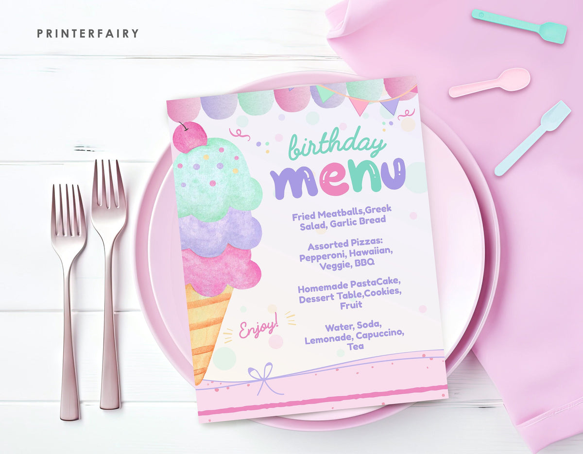 Ice Cream Birthday Menu Table Sign, Editable (Digital Download)