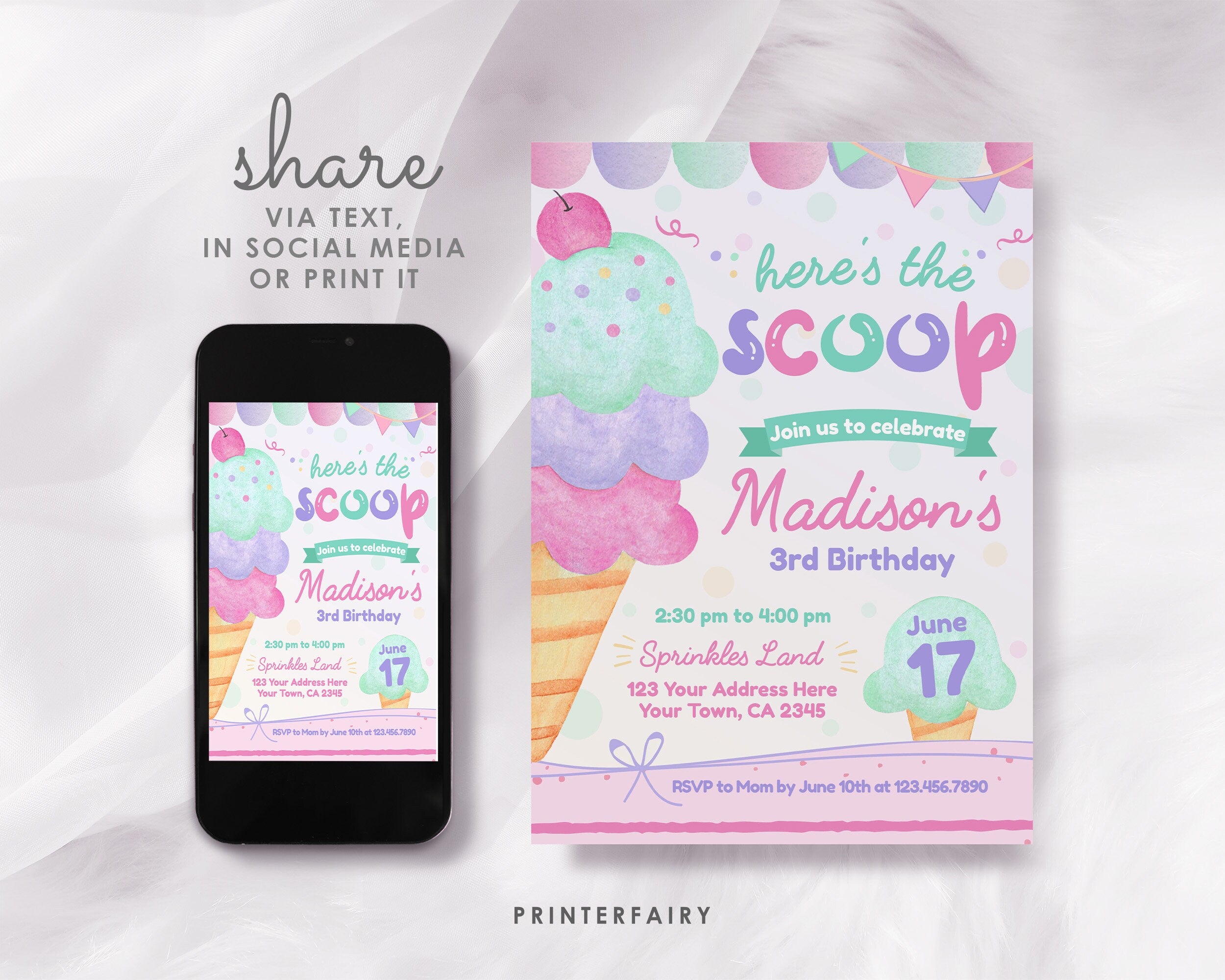 Ice Cream Birthday Party Invitation, Editable Template (Instant Download)