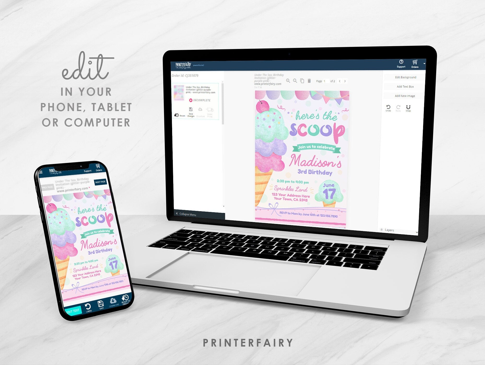 Ice Cream Birthday Party Invitation, Editable Template (Instant Download)