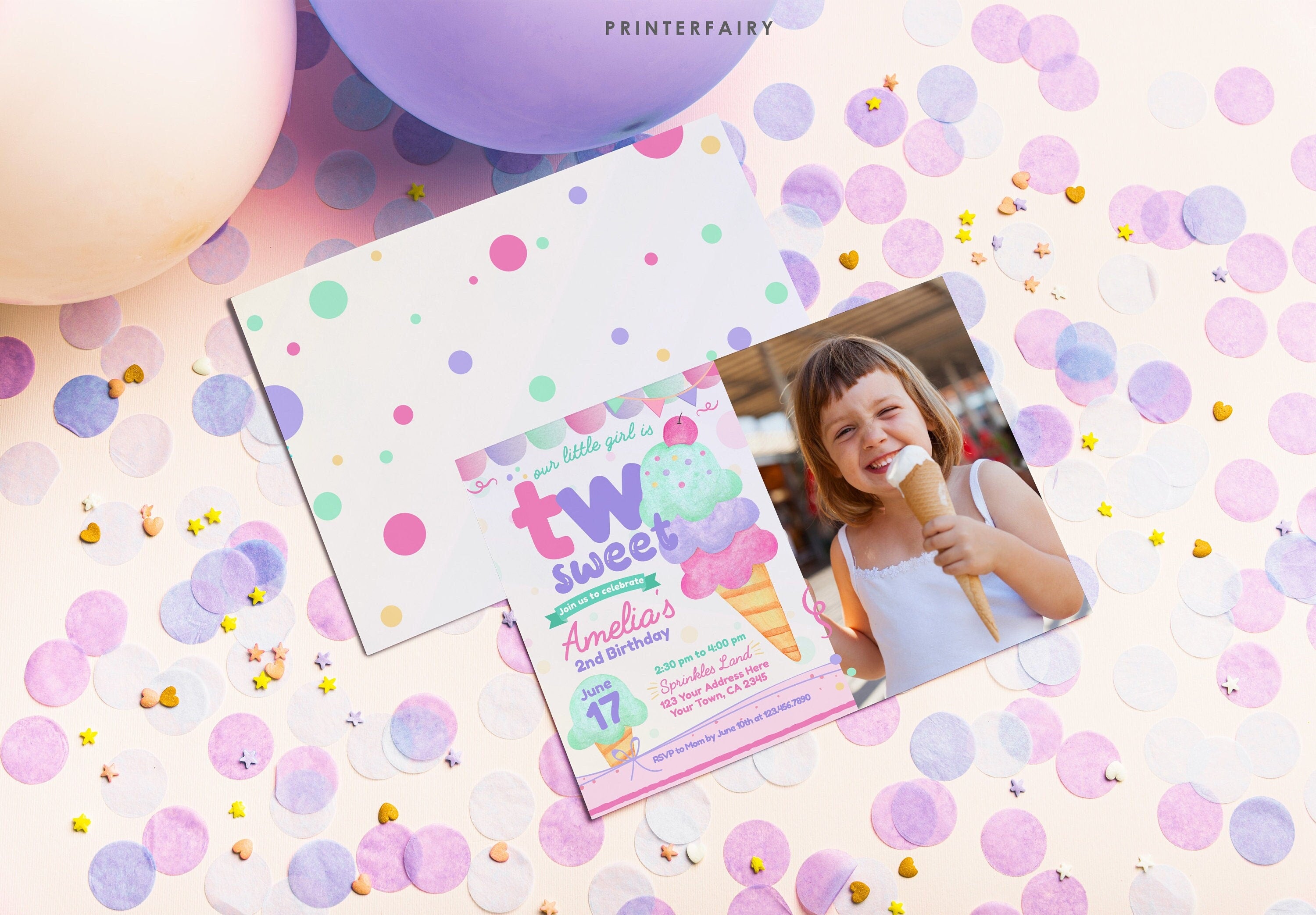 Ice Cream Second Birthday Invitation, Photo Editable Template (Digital Download)