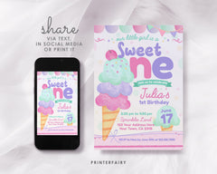 Ice Cream 1st Birthday Invitation, Editable Template (Digital Download)
