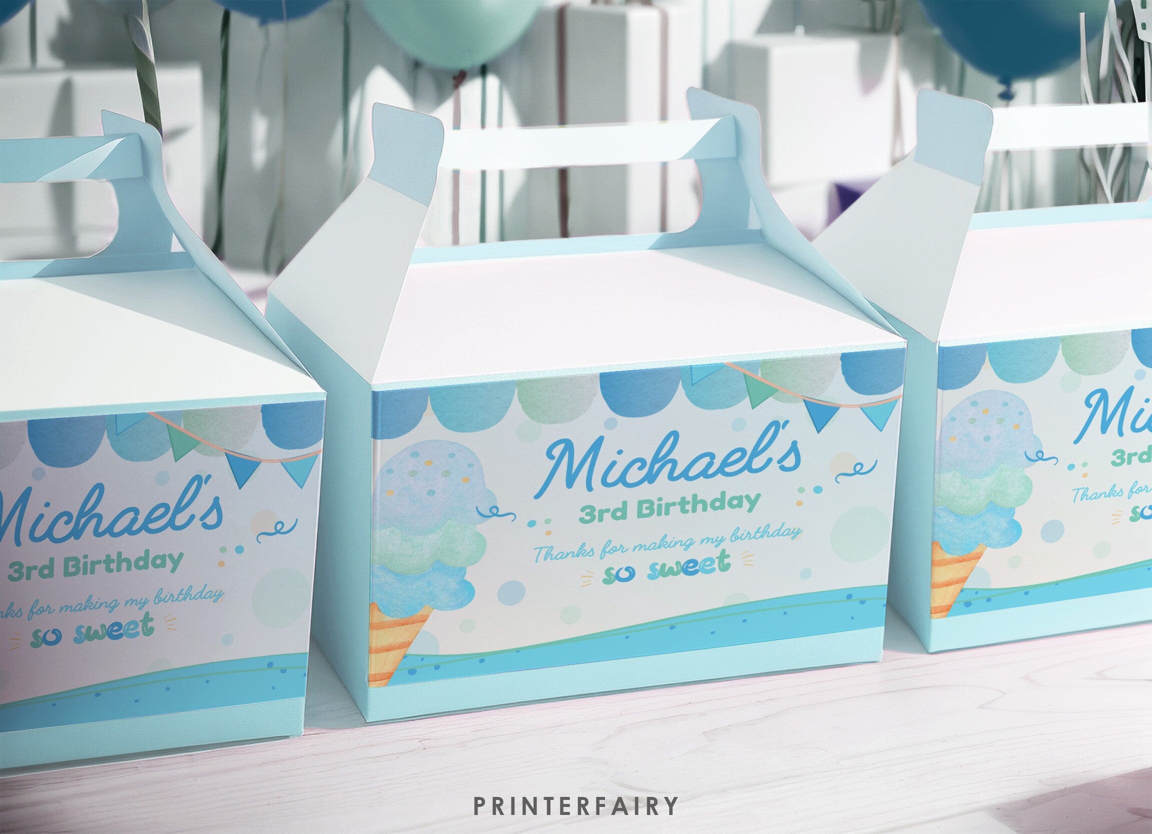 Editable Ice Cream Party Gable Box Label, Summer Birthday (Digital)
