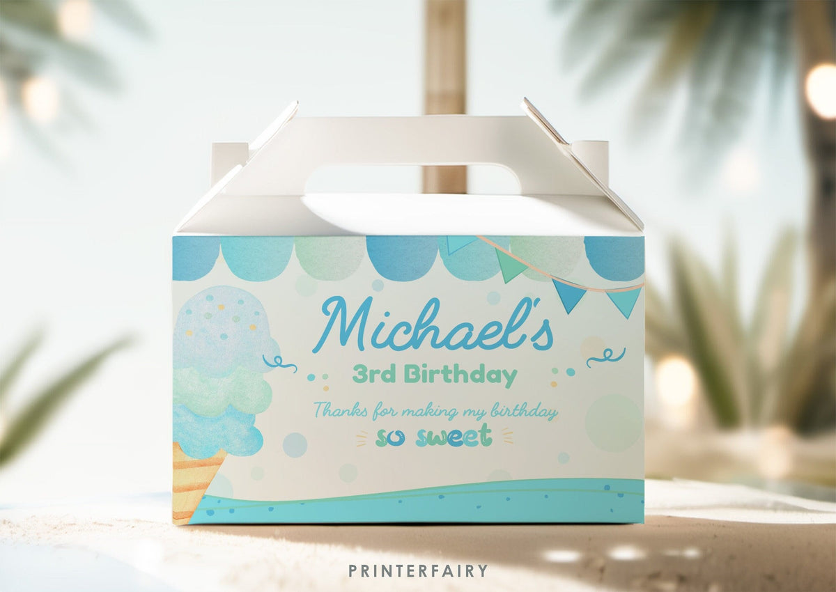 Editable Ice Cream Party Gable Box Label, Summer Birthday (Digital)