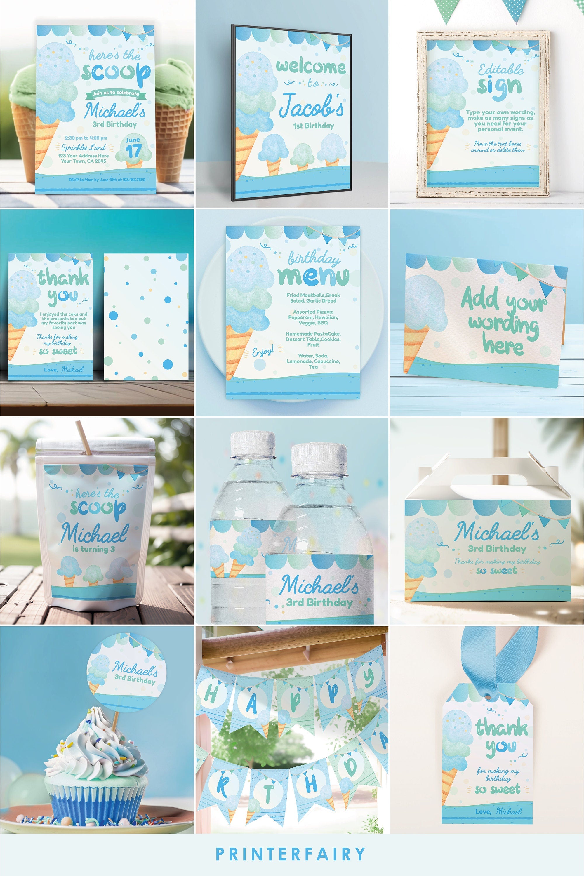 Editable Ice Cream Food Tents, Summer Birthday Decor (Digital Item)